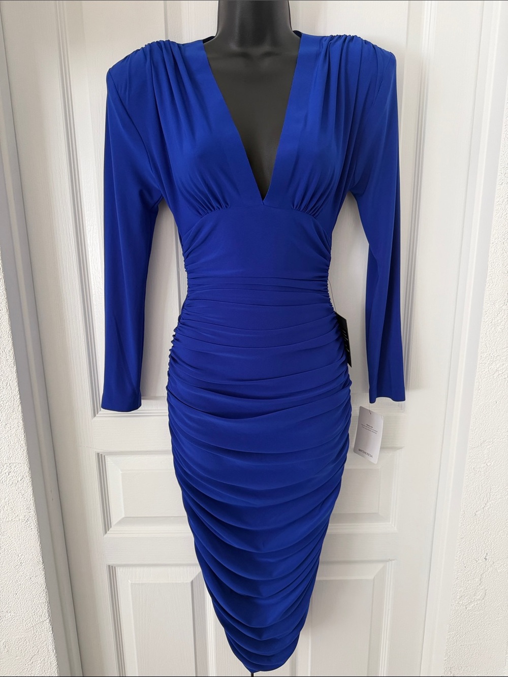 Norma Kamali Ruched Stretch-Jersey Long-Sleeve Dress electric blue XS
